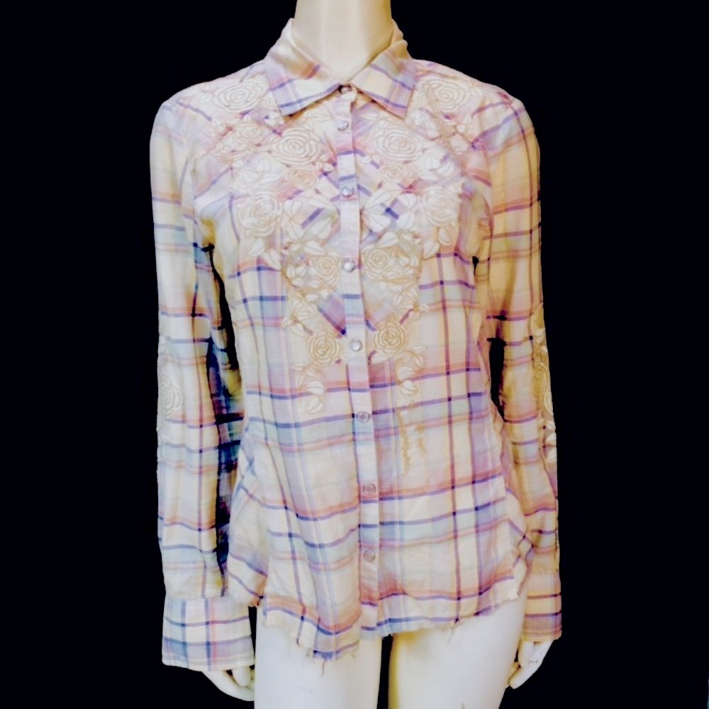 Johnny Was Pastel Plaid Blouse with Embroidery